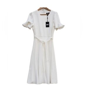 DKNY Stylish White Puff Sleeve Midi Dress Size 6